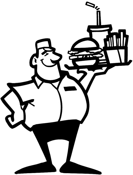 Server with hamburger, drink and fries vinyl sticker. Customize on line. Restaurants Bars Hotels 079-0330
